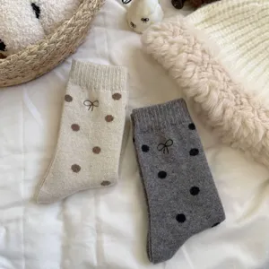 Women thick warm wool slouch socks with cute polka dots and bow embroidery for winter daily wear.