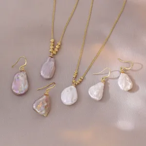 Parure Collier Boucles d'Oreilles Perle d'Eau Douce Baroque Naturelle Acier Titane Irrégulière Irisée Femmes
