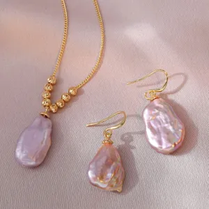 Collier et boucles d'oreilles perle d'eau douce naturelle bijoux rose iridescent femme