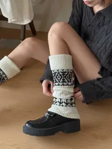 Fair Isle knit leg warmers for women, winter thick thermal slouch socks with retro patterns.