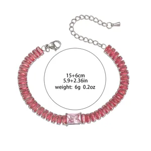 Pink crystal tennis bracelet with extension chain and sparkling cubic zirconia stones.