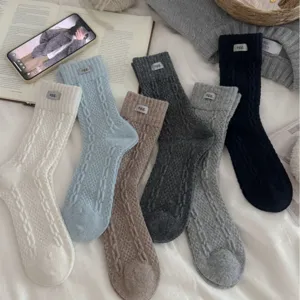 Women Thickened Winter Warm Rabbit Wool Blend Slouch Socks Mid Calf Casual Daily Solid Color Fabric Label