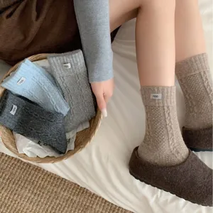 Fall winter rabbit hair blend mid-tube socks with cute cloth tag cozy warm stackable socks