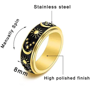 Roestvrijstalen spinner ring met zon maan en sterren motieven, 8mm breed, hoogglans.