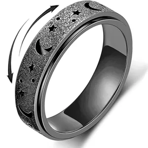 Anello antistress stella e luna in acciaio inossidabile nero opaco vista dettaglio