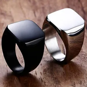 Set di anelli sigillo quadrati in acciaio inossidabile, gioielli in metallo semplice, nero argento
