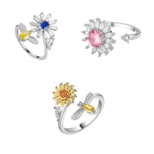 Exquisite sunflower and daisy adjustable rings featuring sparkling cubic zirconia details.