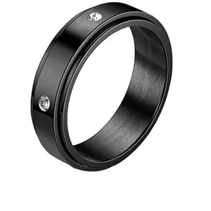 Zwarte roestvrijstalen spinner ring met twee sprankelende zirkoniasteentjes voor mode.