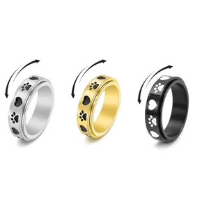 Edelstahl-Antistressring mit Pfoten und Herz-Design fuer Damen, drehbarer Schmuck Stueck.
