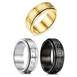 Roestvrij Stalen Draaibare Ring Meander Grote Muur Patroon Stressvermindering Ring Voor Mannen Vrouwen Vintage Geometrische Vingerring Sieraden