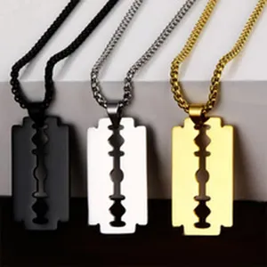 Collana con ciondolo a lama di rasoio in acciaio inox, gioiello stile punk in tre colori.