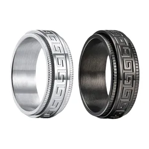 Roestvrijstalen spinner ring met Grieks sleutelpatroon, zilver en zwart antistress.
