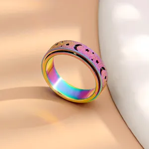 Anello antistress in acciaio inossidabile con motivo di stelle e luna satinato, arcobaleno.