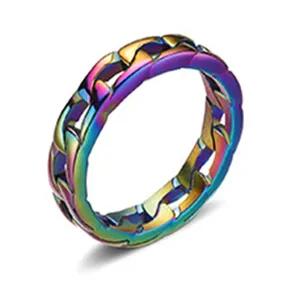 Kleurrijke titanen staal ketting ring, stijlvolle geometrische roestvrijstalen ring.