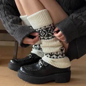 Fair Isle knit leg warmers for women, winter thick warm slouchy calf socks, main view.