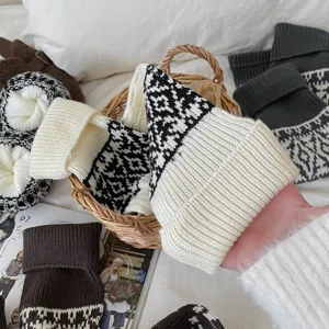 Women winter knit leg warmers cozy fair isle vintage boot cuffs thick thermal calf socks