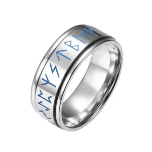 Stainless steel Viking rune spinner ring for men, vintage Nordic totem titanium steel band.