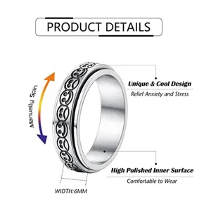 Détail de bague anti-stress en acier inoxydable avec largeur 6mm et rotation manuelle.