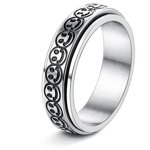 Bague anti-stress en acier inoxydable avec design rétro smiley, bijoux couple en acier.