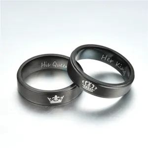 Bague Couronne en Acier Inoxydable pour Couple His Queen Her King Gravée Strass Or Argent Noir Bijoux Unisexe
