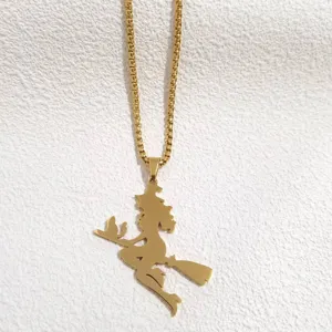 Stainless steel gold-colored flying witch broom pendant necklace for women Halloween jewelry detail