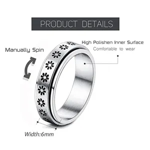Stainless steel daisy spinner ring 6mm width anti anxiety flower band jewelry for women