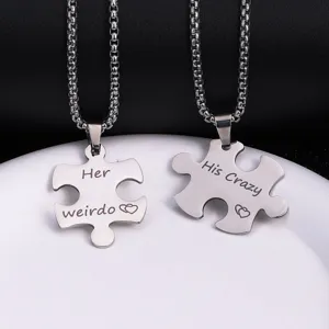 Collier couple puzzle en acier inoxydable, pendentif assorti amoureux bijoux cadeaux.