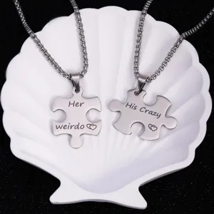 Collier Pendentif Puzzle Couple en Acier Inoxydable His Crazy Her Weirdo Cœur Colliers Assortis Géométriques pour Amoureux Cadeau Bijoux Saint Valentin