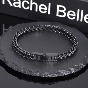 Stainless steel Cuban link bracelet for men, dark black Franco chain with folding clasp.