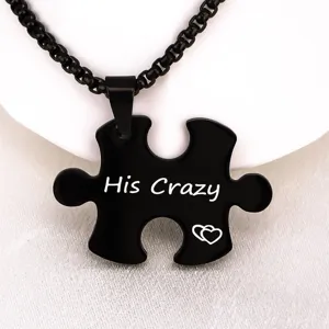 Collier pendentif pièce de puzzle noir en acier inoxydable bijoux couple cadeau pour amoureux