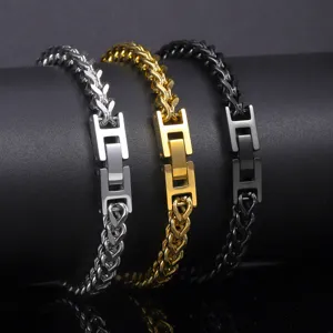 Stainless steel Cuban chain bracelet for men with H-shaped folding clasp in three colors.
