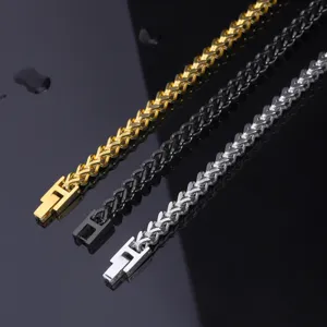 Stainless steel hip hop franco chain bracelet with folding H clasp in gold black silver colors.