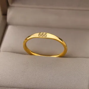 Titanium steel ring with angel number 666, minimalist gold electroplated stainless steel band.