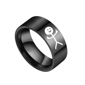 Zwarte roestvrijstalen ring met grappige middelvinger stick figure graffiti design voor dagelijks.