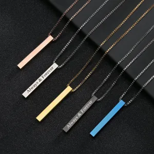 Stainless Steel Long Bar Pendant Necklace Minimalist Geometric Engravable Strip Box Chain Trendy Jewelry For Men Women