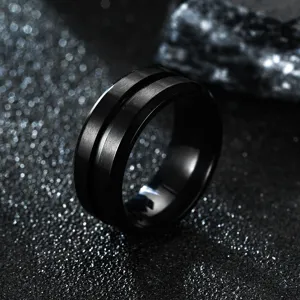 Zwarte roestvrijstalen spinner ring voor heren, titanium band met creatief centraal groefontwerp.