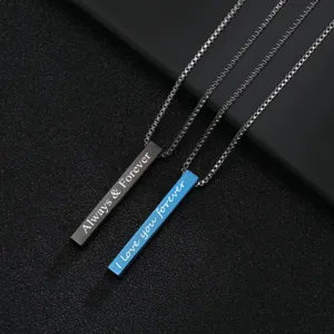 Stainless steel bar pendant necklace with custom text engraved detail view for couples fashion jewelry.
