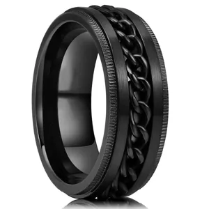 Zwarte titanium stalen spinner ring voor heren, stijlvol ketting ontwerp antistress sieraad.