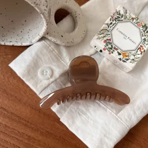 Détail pince à cheveux marron élégante, petite pince griffes style français classique.