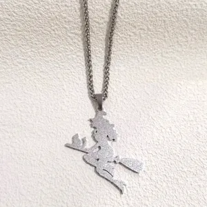 Stainless steel flying witch broom pendant necklace detail, Halloween jewelry item