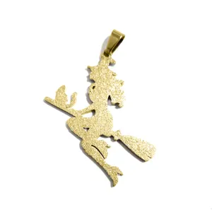 Stainless steel gold textured flying witch broom pendant necklace for women halloween style