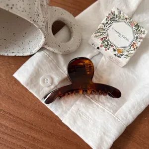 Petite pince à cheveux marron style français, accessoire élégant pour coiffure quotidienne.
