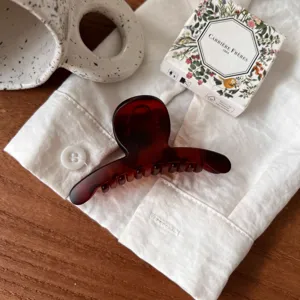 Gros plan de la pince à cheveux écaille élégante, petite taille, style français chic quotidien.