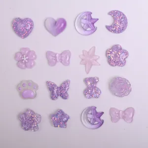 Purple glitter resin cabochons for DIY hair accessories, bows, stars, bears and flowers.