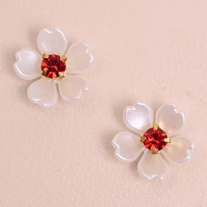 White pearl flower patches with red crystal center for DIY hair clips and phone cases.