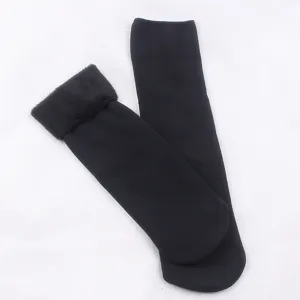 Women's thick thermal winter socks, solid color fleece lined cozy mid tube snow socks.