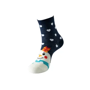 Detail view of Christmas snowman and heart pattern knit mid-calf socks for women.