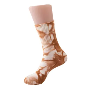 Women vintage brown tie-dye mid-calf cotton socks, soft and stylish casual daily wear.