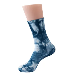 Blue tie-dye mid-calf cotton socks detail view, retro ink print design for women streetwear.