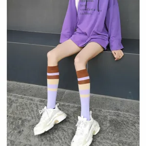 Women striped calf socks fashion casual cotton knee high socks Japanese style daily wear 1 pair